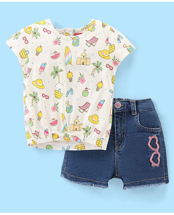 Babyhug 100% Cotton Knit Half Sleeves Top and Denim Shorts Set Beach Print - White & Blue