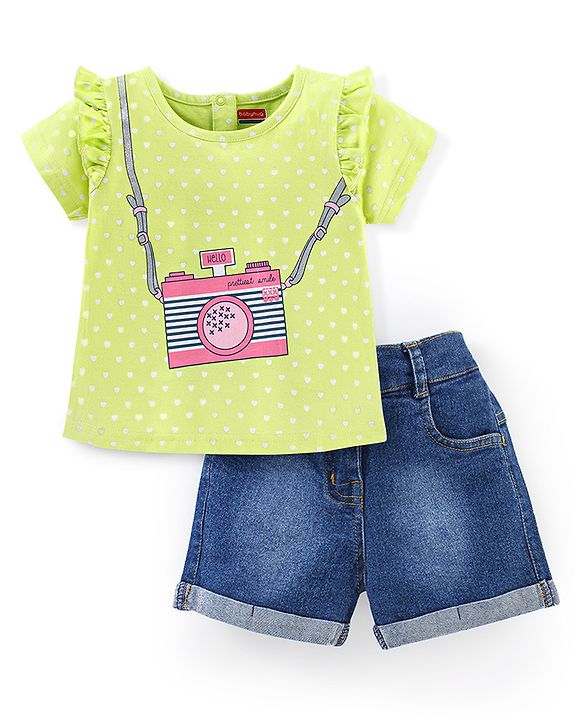Babyhug 100% Cotton Cold Shoulder Sleeves Top & Shorts Set Polka Dot Print - Blue & Green