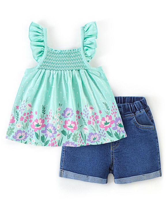 Babyhug 100% Cotton Knit Frill Sleeves Top & Denim Shorts with Bow Applique & Floral Print - Mint & Medium Blue