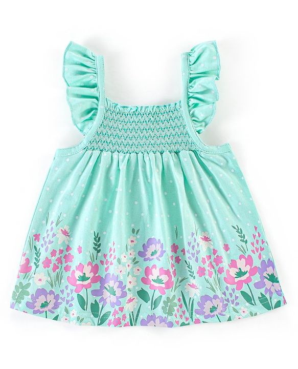 Babyhug 100% Cotton Knit Frill Sleeves Top & Denim Shorts with Bow Applique & Floral Print - Mint & Medium Blue
