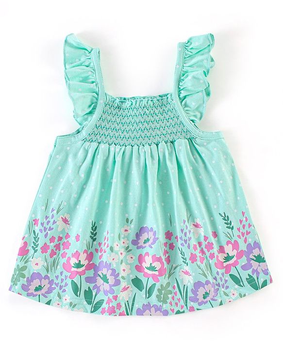Babyhug 100% Cotton Knit Frill Sleeves Top & Denim Shorts with Bow Applique & Floral Print - Mint & Medium Blue