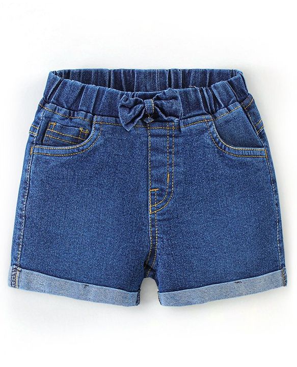 Babyhug 100% Cotton Knit Frill Sleeves Top & Denim Shorts with Bow Applique & Floral Print - Mint & Medium Blue