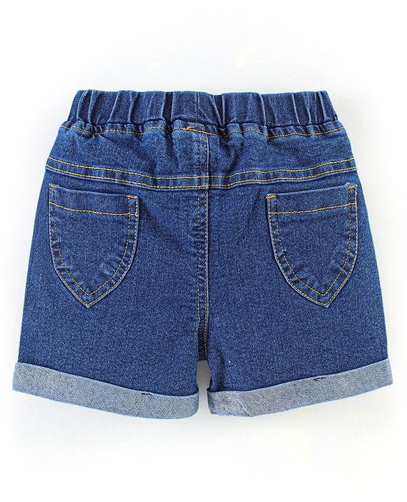 Babyhug 100% Cotton Knit Frill Sleeves Top & Denim Shorts with Bow Applique & Floral Print - Mint & Medium Blue