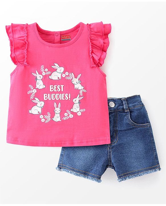 Babyhug 100% Cotton Knit Sleeveless Top with Denim Shorts Bunny Print - Dark Pink & Mid Blue