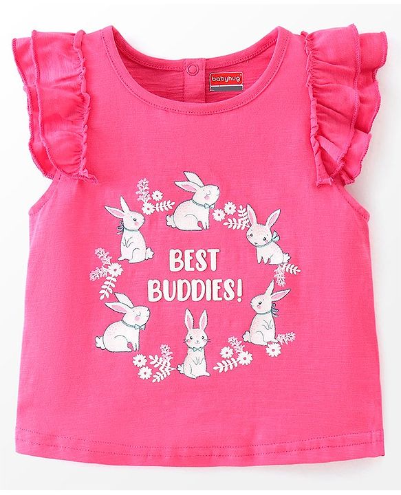 Babyhug 100% Cotton Knit Sleeveless Top with Denim Shorts Bunny Print - Dark Pink & Mid Blue