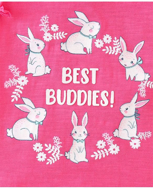 Babyhug 100% Cotton Knit Sleeveless Top with Denim Shorts Bunny Print - Dark Pink & Mid Blue