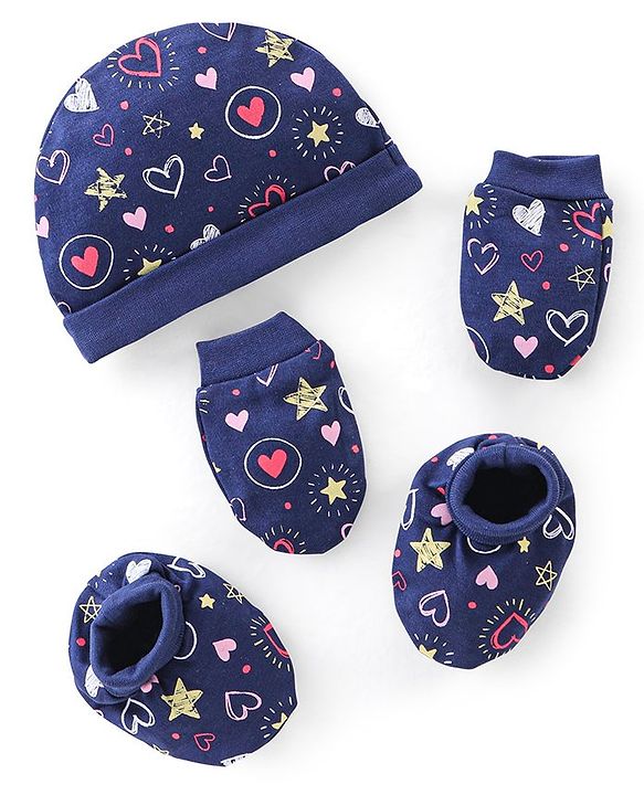 Babyhug Cotton Knit Cap Mittens & Booties Set Heart Print  Blue - Diameter 11 Cm