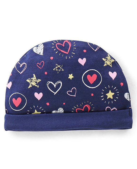 Babyhug Cotton Knit Cap Mittens & Booties Set Heart Print  Blue - Diameter 11 Cm