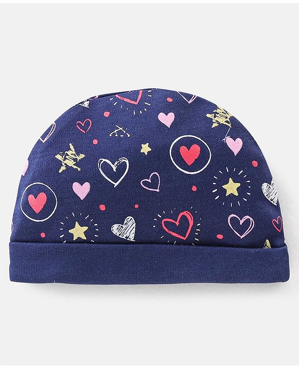 Babyhug Cotton Knit Cap Mittens & Booties Set Heart Print  Blue - Diameter 11 Cm