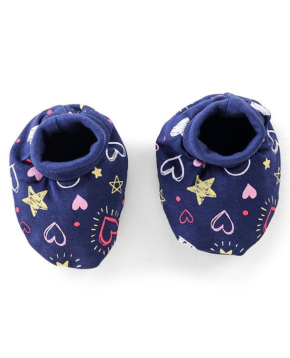 Babyhug Cotton Knit Cap Mittens & Booties Set Heart Print  Blue - Diameter 11 Cm