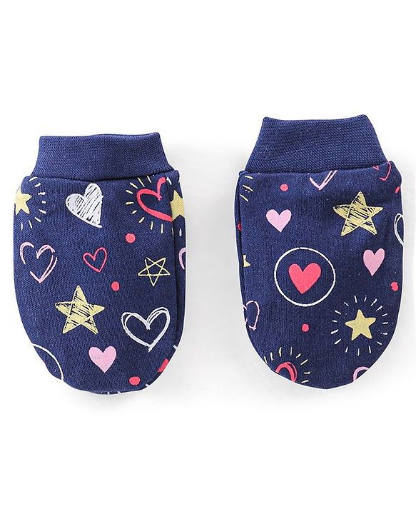 Babyhug Cotton Knit Cap Mittens & Booties Set Heart Print  Blue - Diameter 11 Cm