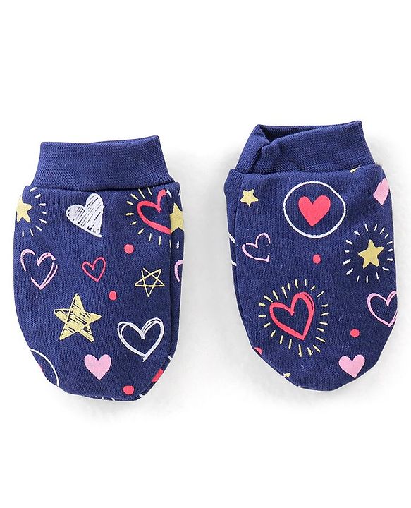 Babyhug Cotton Knit Cap Mittens & Booties Set Heart Print  Blue - Diameter 11 Cm