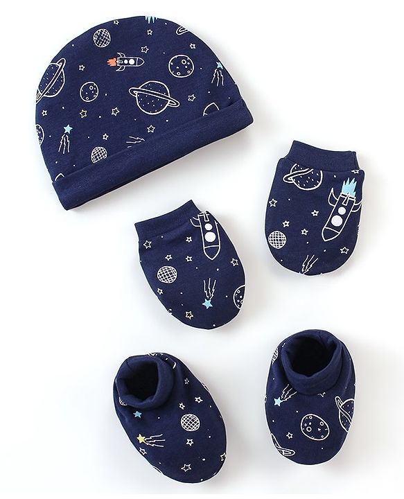 Babyhug 100% Cotton Cap Mittens & Booties Space Print - Blue