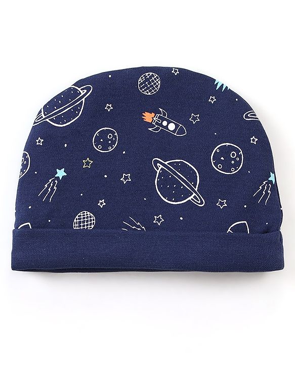 Babyhug 100% Cotton Cap Mittens & Booties Space Print - Blue
