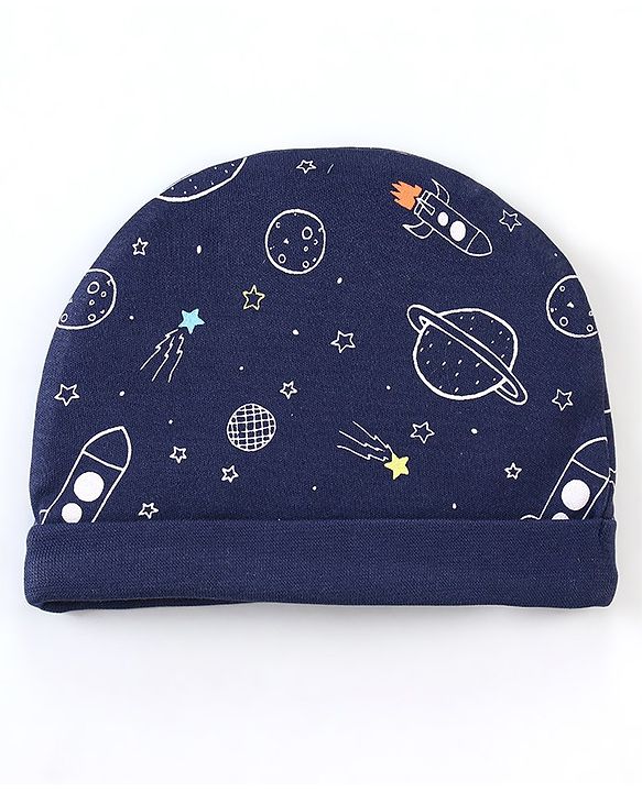 Babyhug 100% Cotton Cap Mittens & Booties Space Print - Blue