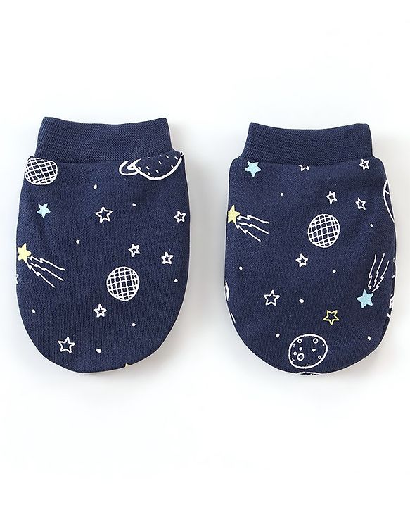Babyhug 100% Cotton Cap Mittens & Booties Space Print - Blue