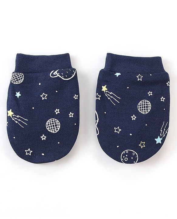 Babyhug 100% Cotton Cap Mittens & Booties Space Print - Blue