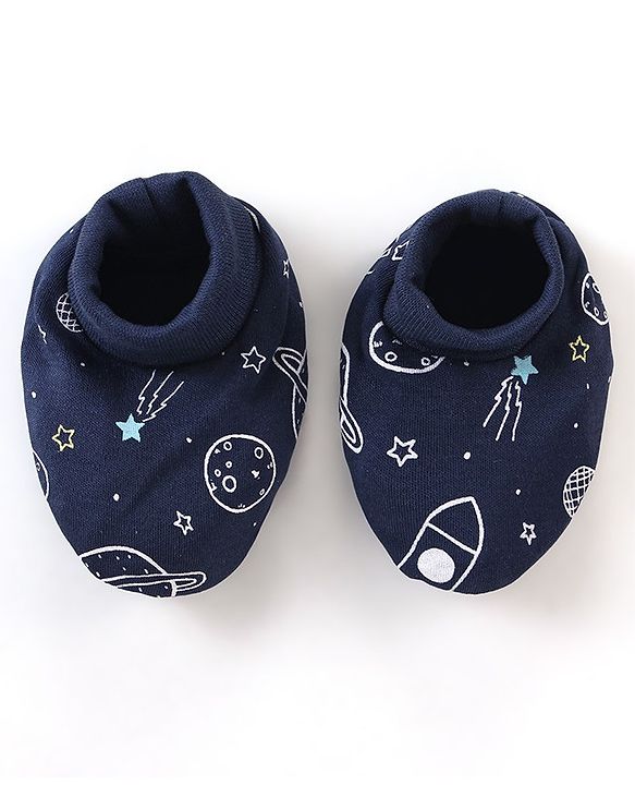 Babyhug 100% Cotton Cap Mittens & Booties Space Print - Blue