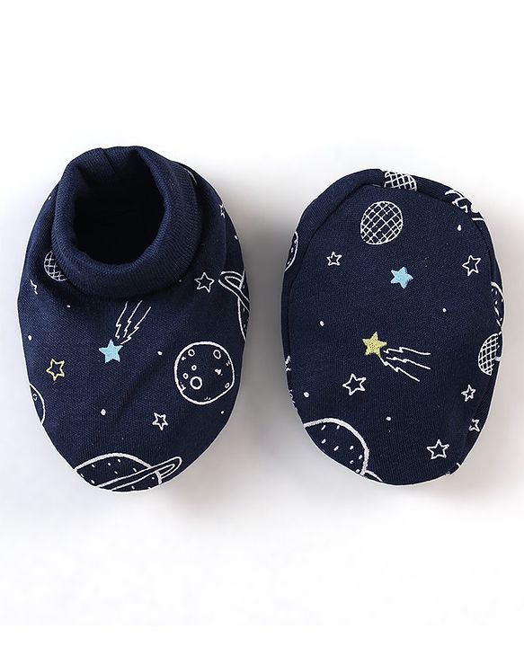 Babyhug 100% Cotton Cap Mittens & Booties Space Print - Blue