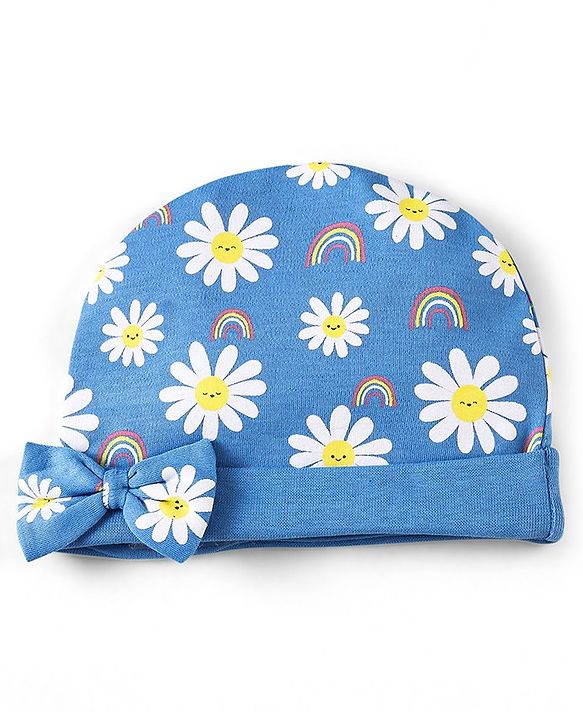 Babyhug 100% Cotton Cap Mittens & Booties Floral Print With Bow Applique - Blue