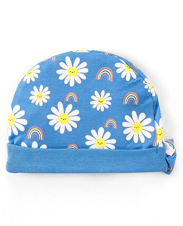 Babyhug 100% Cotton Cap Mittens & Booties Floral Print With Bow Applique - Blue