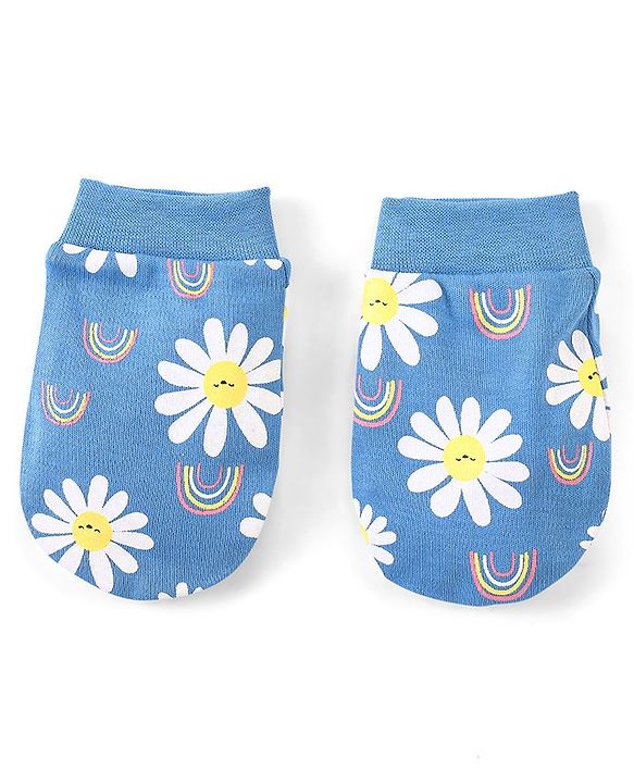 Babyhug 100% Cotton Cap Mittens & Booties Floral Print With Bow Applique - Blue