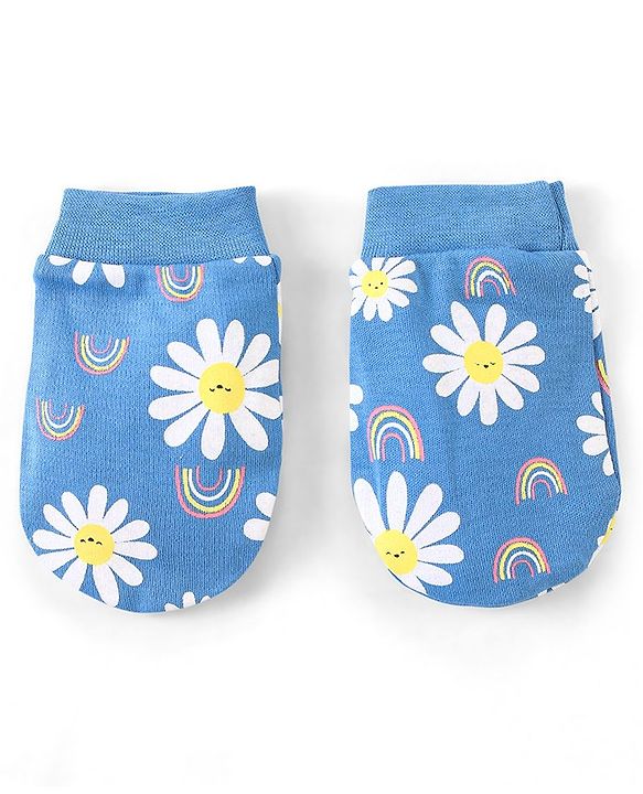 Babyhug 100% Cotton Cap Mittens & Booties Floral Print With Bow Applique - Blue