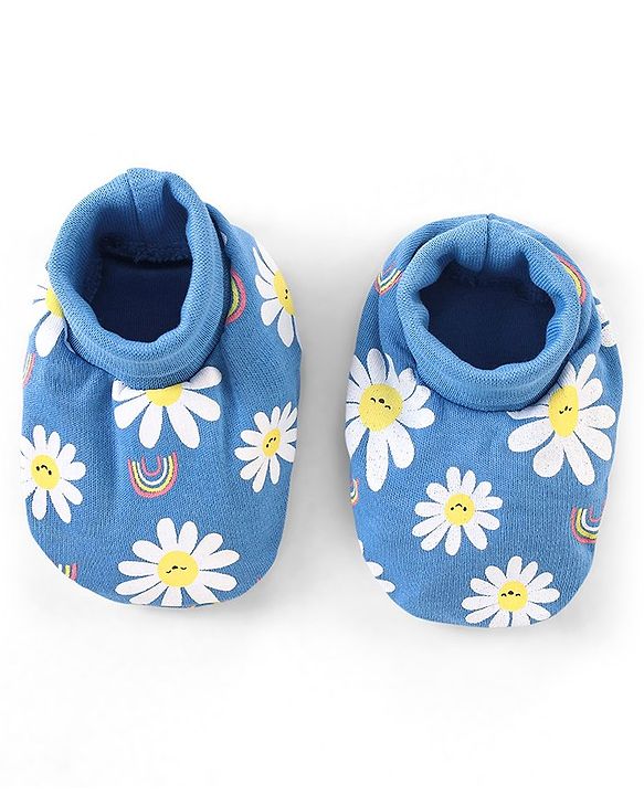 Babyhug 100% Cotton Cap Mittens & Booties Floral Print With Bow Applique - Blue