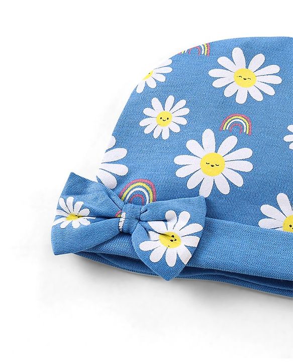 Babyhug 100% Cotton Cap Mittens & Booties Floral Print With Bow Applique - Blue