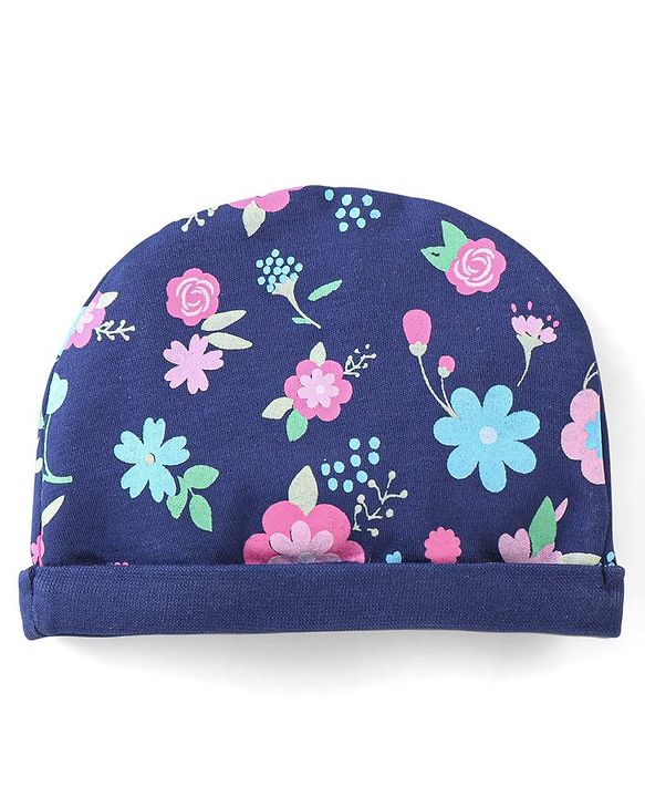 Babyhug 100% Cotton Knit Floral Print Cap Mittens And Booties With Bow - Blue