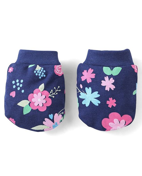 Babyhug 100% Cotton Knit Floral Print Cap Mittens And Booties With Bow - Blue