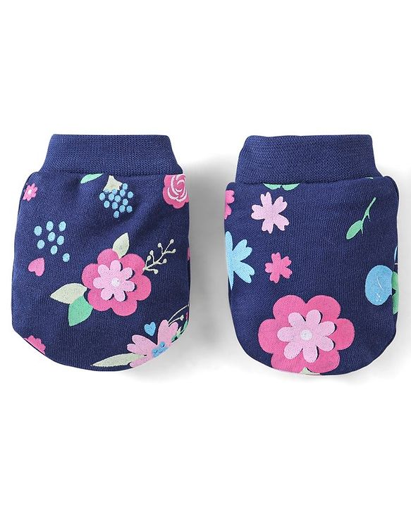 Babyhug 100% Cotton Knit Floral Print Cap Mittens And Booties With Bow - Blue