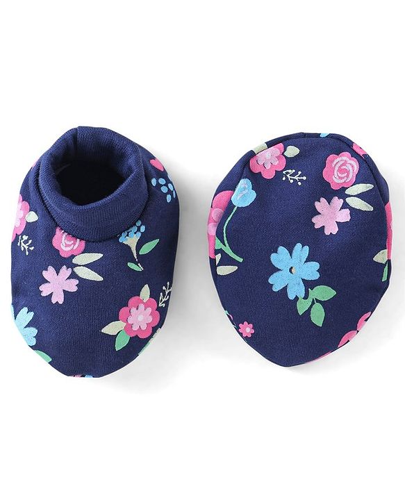 Babyhug 100% Cotton Knit Floral Print Cap Mittens And Booties With Bow - Blue