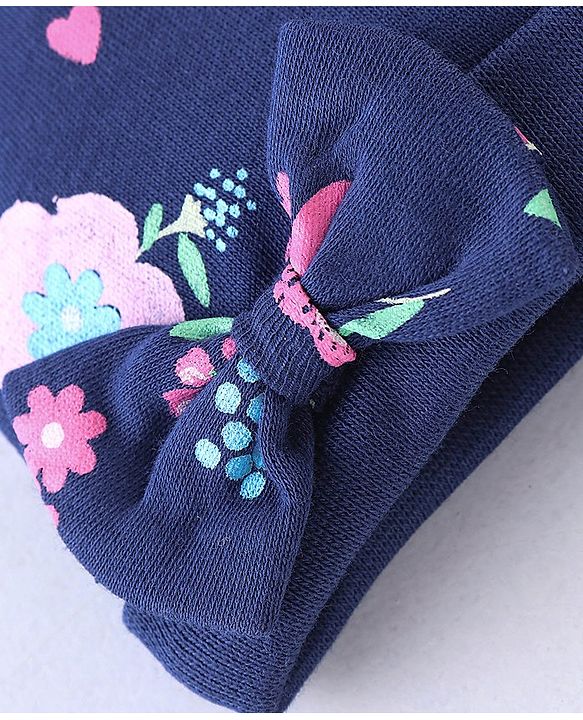 Babyhug 100% Cotton Knit Floral Print Cap Mittens And Booties With Bow - Blue