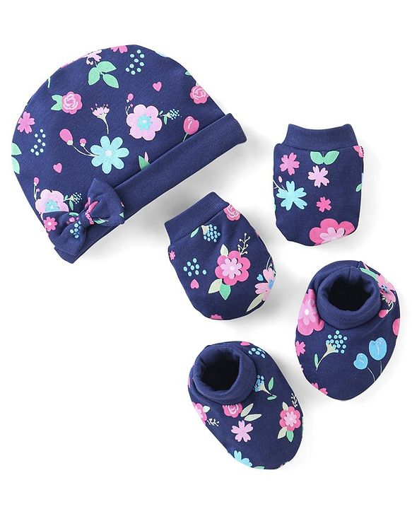 Babyhug 100% Cotton Knit Floral Print Cap Mittens And Booties With Bow - Blue