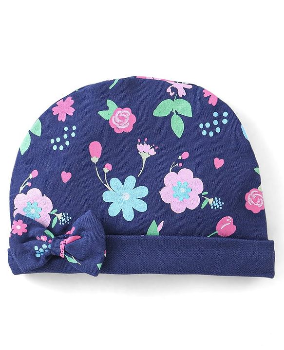Babyhug 100% Cotton Knit Floral Print Cap Mittens And Booties With Bow - Blue