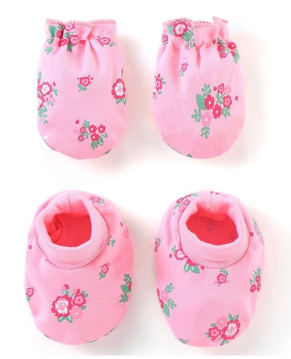 Babyhug 100% Cotton Knit Mittens & Booties Floral Print - Pink