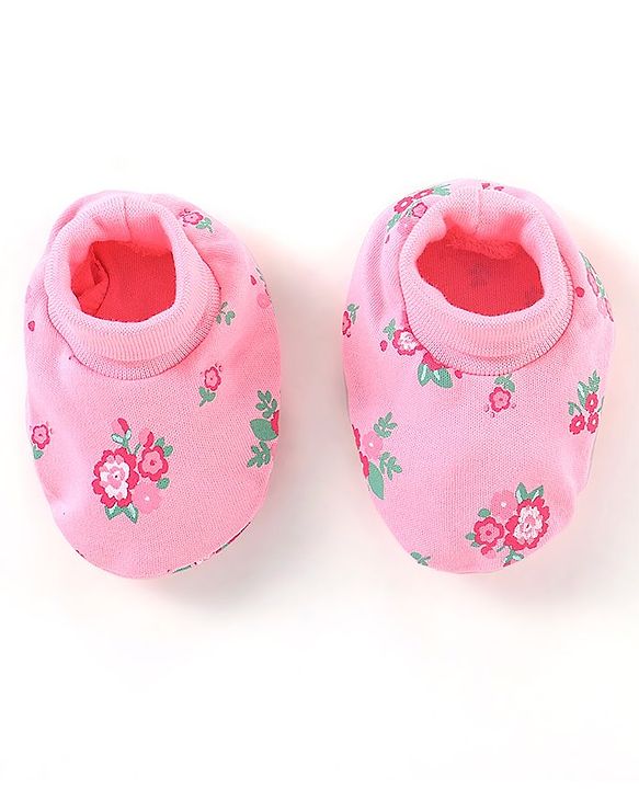 Babyhug 100% Cotton Knit Mittens & Booties Floral Print - Pink