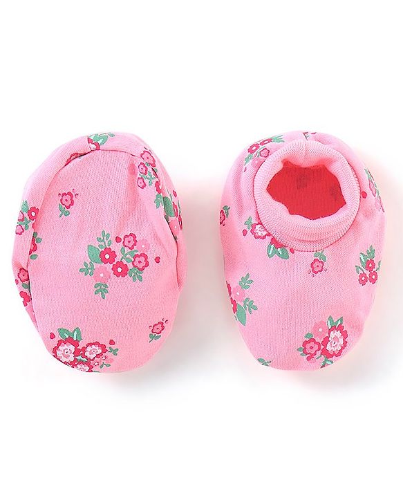 Babyhug 100% Cotton Knit Mittens & Booties Floral Print - Pink