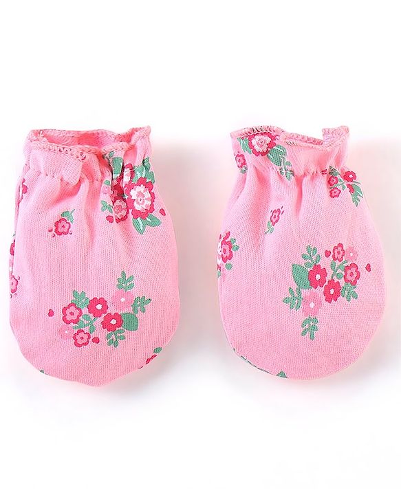 Babyhug 100% Cotton Knit Mittens & Booties Floral Print - Pink