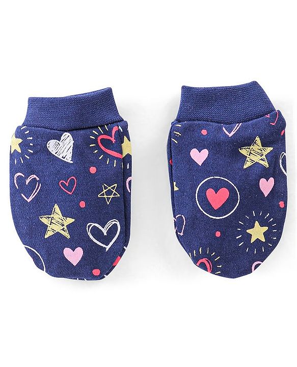 Babyhug 100% Cotton Mittens & Booties Set Star Print Navy - Diameter 9.5 Cm