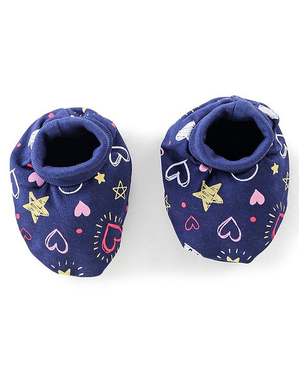 Babyhug 100% Cotton Mittens & Booties Set Star Print Navy - Diameter 9.5 Cm
