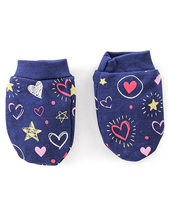 Babyhug 100% Cotton Mittens & Booties Set Star Print Navy - Diameter 9.5 Cm