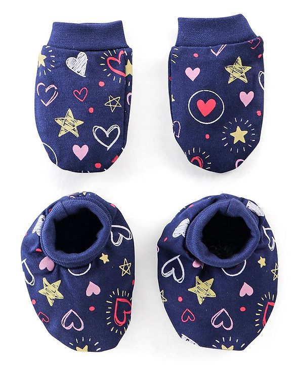 Babyhug 100% Cotton Mittens & Booties Set Star Print Navy - Diameter 9.5 Cm