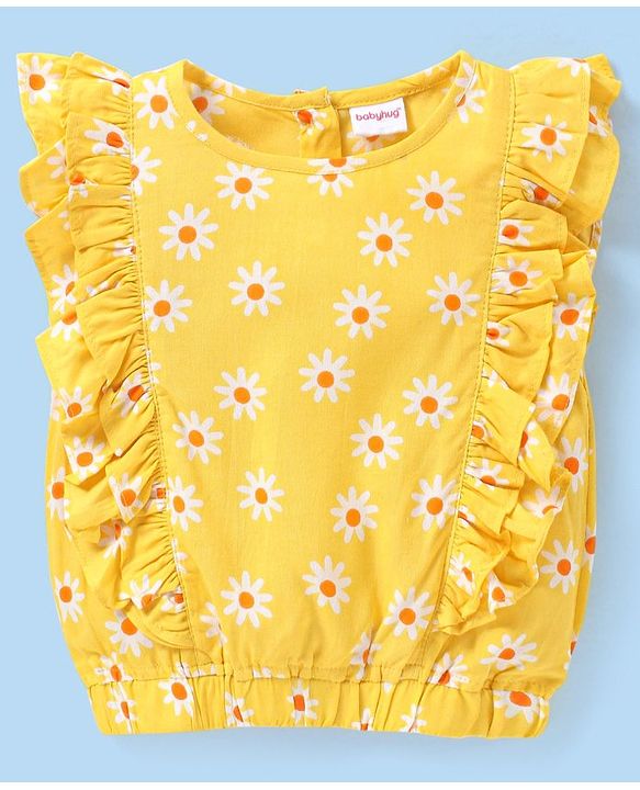 Babyhug 100% Rayon Woven Half Sleeves Top Floral Printed & Frill Detailing - Yellow