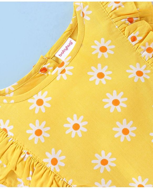 Babyhug 100% Rayon Woven Half Sleeves Top Floral Printed & Frill Detailing - Yellow