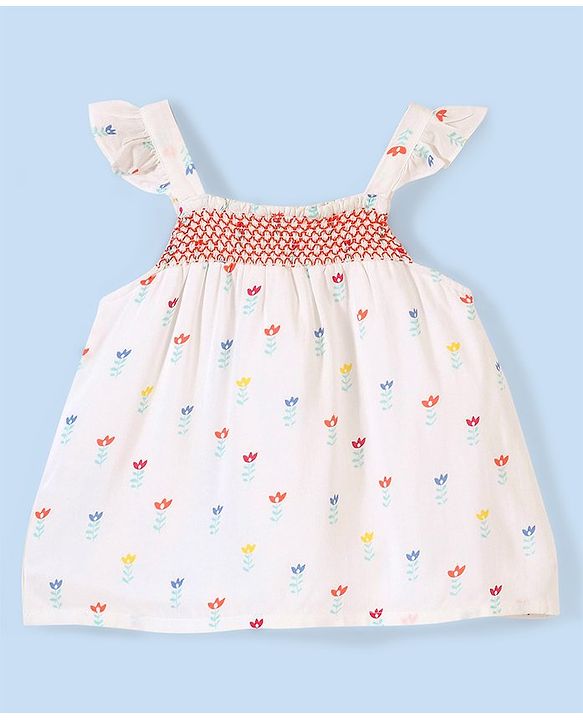 Babyhug 100% Rayon Woven Frill Sleeves Top Floral Print - White