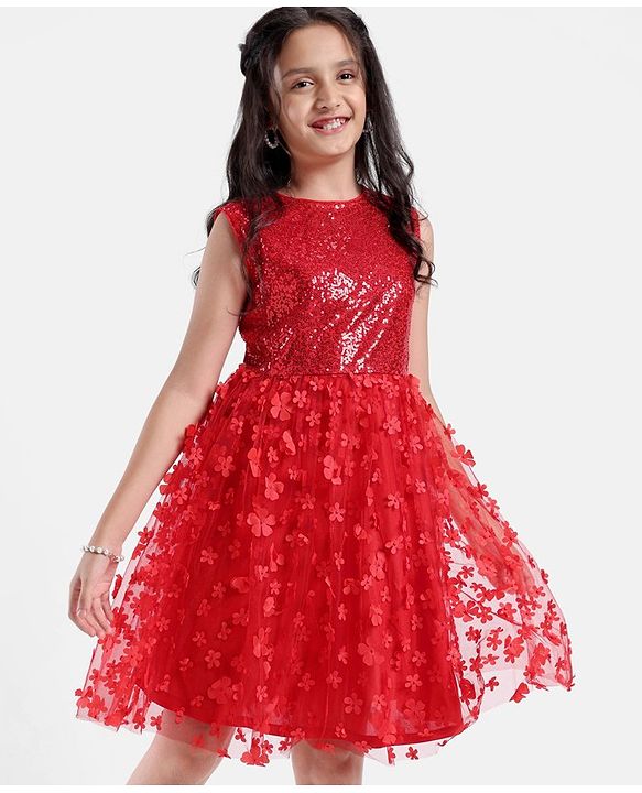 Pine Kids Sleeveless Sequined Floral Knee Length Party Wear Dress- Red