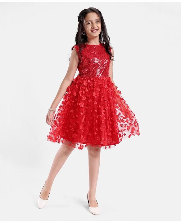 Pine Kids Sleeveless Sequined Floral Knee Length Party Wear Dress- Red