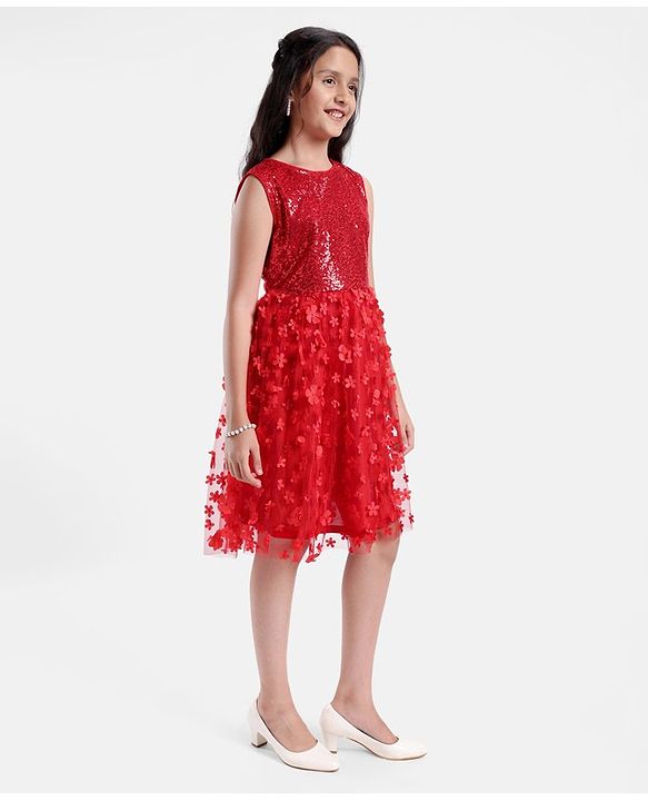 Pine Kids Sleeveless Sequined Floral Knee Length Party Wear Dress- Red